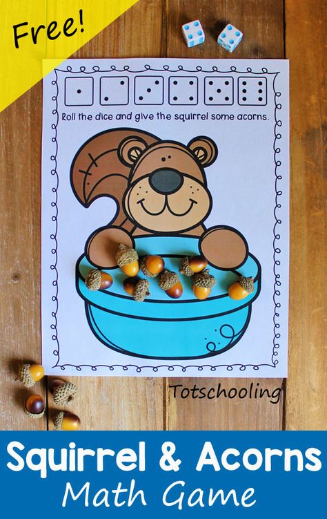 FREE printable Fall themed math game featuring a squirrel collecting acorns in a bowl. Roll the dice to find out how many acorns the squirrel got. Fun math activity to practice counting and addition. Squirrel And Acorn Preschool, Squirrel Kindergarten Activities, Squirrel Activity Preschool, Squirrel Theme Preschool, Squirrel Preschool Activities, Squirrel Preschool, Fall Math Activities, Preschool Math Games, Fall Preschool Activities