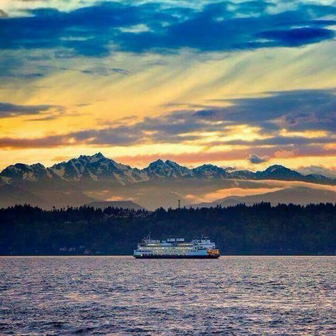 View of the Olympic Mts & a ferry on the Puget Sound. Seattle Ferry, Olympic Mountains, Island Pictures, Moving To Seattle, Whidbey Island, Sky Pictures, Puget Sound, Ways To Travel, Pacific Ocean