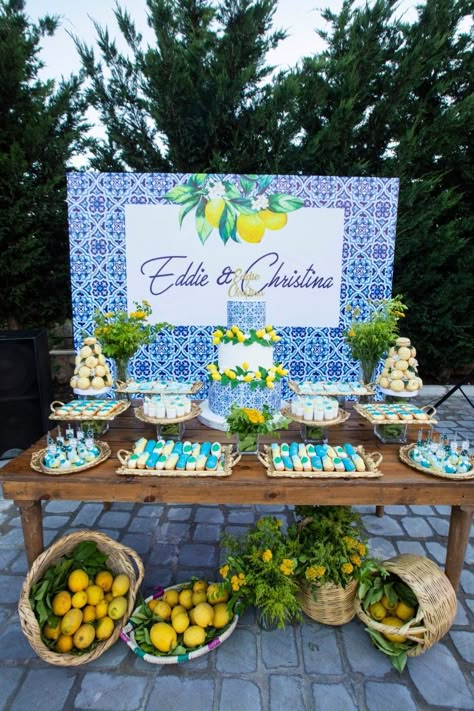 Lemon Engagement Theme, Amalfi Coast Theme Engagement Party, Engagement Party Lemon Theme, Lemon Event Decor, Greek Themed Engagement Party, Positano Wedding Decor, Lemon Themed Engagement Party Ideas, Lemon Themed Dessert Table, Amalfi Coast Theme Bridal Party