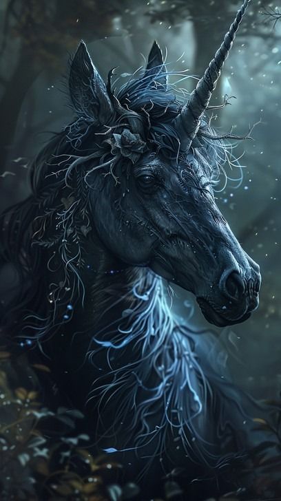 In the depths of a shadowy forest, a mystical black unicorn emerges, its presence both enchanting and mysterious. Highlighted by a subtle glow that traces its flowing mane and majestic horn, the creature's deep black coat blends seamlessly into the dark surroundings. Intricate vines and leaves delicately adorn its mane, suggesting a natural bond with the forest. The ethereal ambiance is further enhanced by the shimmering blue accents that seem to capture the very essence of magic and mystique in Enchanted Forest Backdrop, Dark Enchanted Forest, Dark Unicorn, Mystical Creature, Forest Backdrop, Castle Backdrop, Unicorn Images, Majestic Unicorn, Forest Backdrops