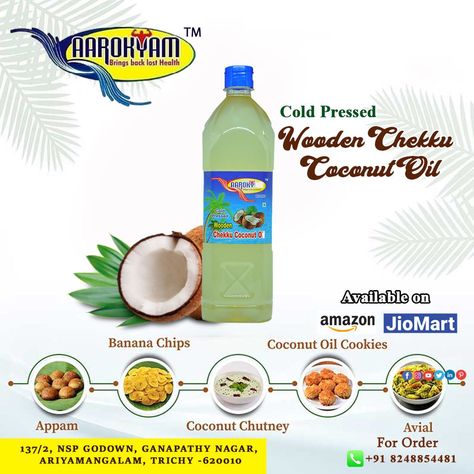 Aarokyam ✔Cold Pressed wooden chekku coconut oil ☎Contact Number +91 82488 54481 #coldpressed #oil #cookingoil #naturalproducts #natural #naturaloil #healthyoil #healthy #healthyfood #healthylifestyle #woodpressedsesameoil #woodpressedsesameoil #woodencheckku #coconutoil #coconutoilbenefits #Pureoil Coconut Oil Cookies, Coconut Chutney, Banana Chips, Benefits Of Coconut Oil, Healthy Oils, Cooking Oil, Cold Pressed, Chutney, Natural Oils