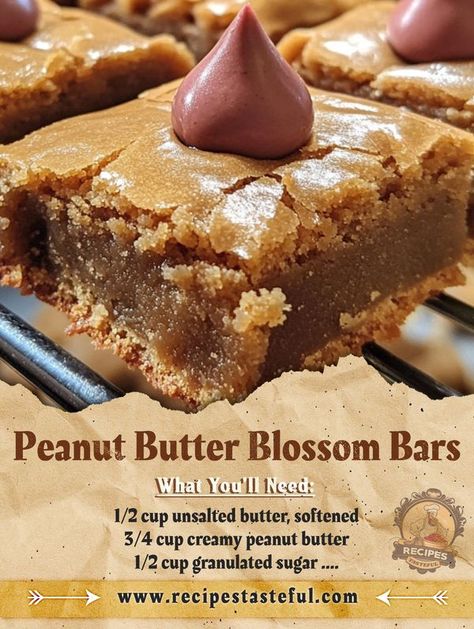 Peanut Butter Blossom Bars, Blossom Bars, Desert Bars, Tasteful Recipes, Scott Porter, Peanut Butter Blossom, Christmas Cookie Recipes Holiday, Recipes Holiday, Peanut Butter Blossoms