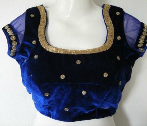 Navy Blue Velvet blouse Navy Blue Velvet Blouse, Sari Blouse Design, Velvet Blouse Designs, Velvet Blouse Pattern, Blouse Designs Wedding, Rekha Saree, Blue Velvet Blouse, Velvet Blouse Design, Party Saree