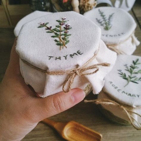 Currently Making Jar Covers For Some Of My Favorite Herbs Aesthetic Embroidery Ideas, Herbs Embroidery, Diy Cottagecore Decor, Easy Embroidery Ideas, Vintage Embroidery Designs, Embroidered Projects, Cottagecore Diy, Woodland Embroidery, Cottagecore Embroidery