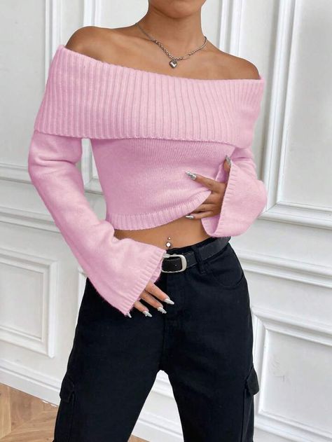 Cropped Pullover, Rose Bonbon, Stylish Sweaters, Pullover Outfit, Shoulder Shirts, Pink Outfits, Basic Outfits, Spring Outfits Casual, Cropped Sweater