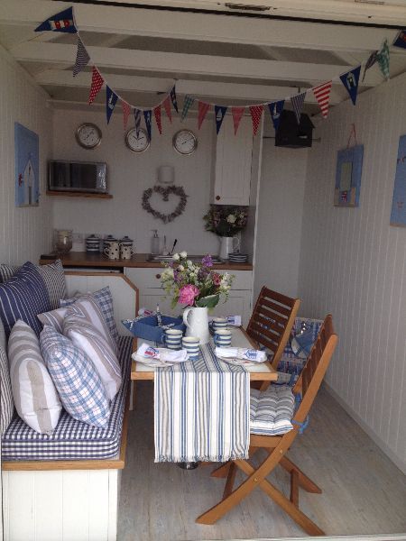 Beach hut interior Pool Hut, Beach Hut Shed, Beach Hut Interior, Hut Interior, Hut Ideas, Beach Hut Decor, Greek Kitchen, Summer House Interiors, Seaside Theme