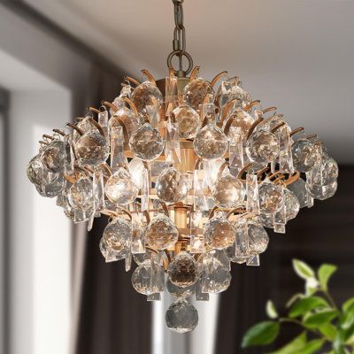 Multiple tiers of crystal glass orb globes provide a glimmering effect for this 3-light brass glam modern chandelier. Add timeless elegance to your space with this clear crystal chandelier and its sparkling tiered design made from the shining bubble. Perfect addition to your foyer, dining room, kitchen island, home office, and bedroom. This fixture hangs from an adjustable chain and has a sloped ceiling-compatible canopy. | Rosdorf Park Danyetta 3-Light Glam Chandelier w / Crystal Accent 14.5 H Dressing Room Chandelier, Foyer Light Fixtures Front Entry, Bedroom Chandeliers Master, Small Chandelier Bathroom, Entry Chandelier Entryway, Bathtub Chandelier Master Bath, Chandelier For Bathroom, Chandelier Closet, Bathroom Chandelier Over Tub