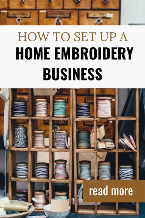 HOW TO SET UP A HOME EMBROIDERY BUSINESS Starting An Embroidery Business, Embroidery Room Ideas, Embroidery Business Ideas, Embroidery Business, Home Embroidery Machine, Home Embroidery, Sewing Business, Business Essentials, Embroidery Threads