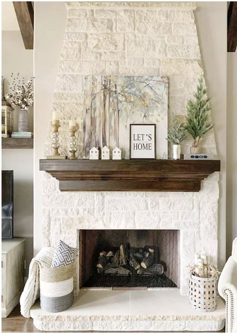 White Brick Fireplace Decor, White Brick Fireplace Ideas, Fireplace Hearth Ideas, Fireplace Hearth Stone, Brick Fireplace Ideas, Fireplace Hearth Decor, Hearth Ideas, White Stone Fireplaces, Hearth Decor