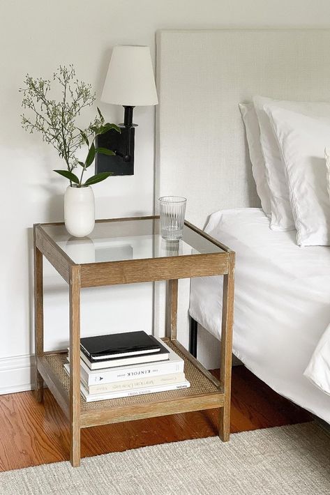 End or Side Table in Light Brown Wood Finish & Glass Top with Open Storage Shelf Glass Top Bedside Table, Minimal Side Table, Glass Bedside Table, Glass Nightstand, Nathan James, Glass Top End Tables, Rattan Side Table, Wooden Bedside Table, Side Tables Bedroom