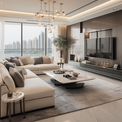 A sleek, modern TV wall unit adds a touch of sophistication to the apartment’s spacious living room. Lux Interior, Property Consultant, Modern Apartment Living Room, Apartment Deco, Tv Room Design, Apartment Living Room Design, Design Salon, Buy Property, Elegant Living Room