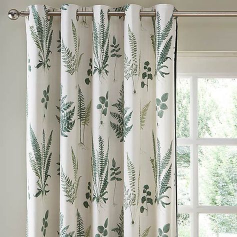 Fern Bedroom, Fern Bathroom, Tranquil Dawn, Curtains Dunelm, Caravan Ideas, Leaf Artwork, Curtain Fabrics, Eyelet Curtains, Types Of Curtains