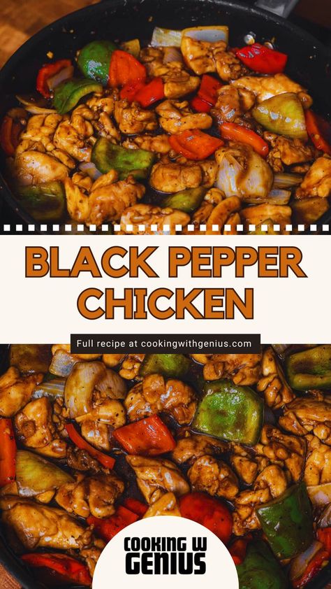 Skip the takeout with this easy black pepper chicken recipe. Perfectly seasoned chicken and vegetables ready in under 30 minutes. Read full recipe on cookingwithgenius.com Recipes With Colored Peppers, Chicken Recipes With Peppers, Easy Black Pepper Chicken, Recipes With Peppers, Chicken Black Pepper, Chicken And Vegetable Recipes, Chicken Thigh Stir Fry, Black Pepper Chicken Recipe, Pepper Chicken Recipe