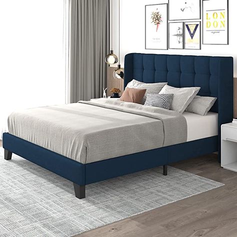 Teenager Bedroom Design, Headboard Fabric, Blue Headboard, Fabric Upholstered Bed, Beautiful Bedrooms Master, Blue Bed, Wingback Bed, Wood Bed Frame, Mattress Foundation