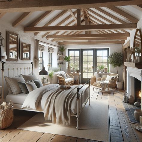 The bedframe should be iron-made, dressed in neutral-colored, soft bed linens. A cozy fireplace on one side of the room would add warmth. Comprehensive decorative elements should include vintage accessories, wicker furniture, indoor plants, antique mirrors, and colorful throw pillows. The image should create a harmonious blend of rustic charm and contemporary comfort. Wood Vaulted Ceiling Bedroom, Barn Conversion Bedroom, Cozy Rustic Bedroom, Rustic Farmhouse Bedroom Ideas, Vaulted Ceiling Bedroom, Barn Bedroom, Barn Bedrooms, Farm Bedroom, Rustic Farmhouse Bedroom