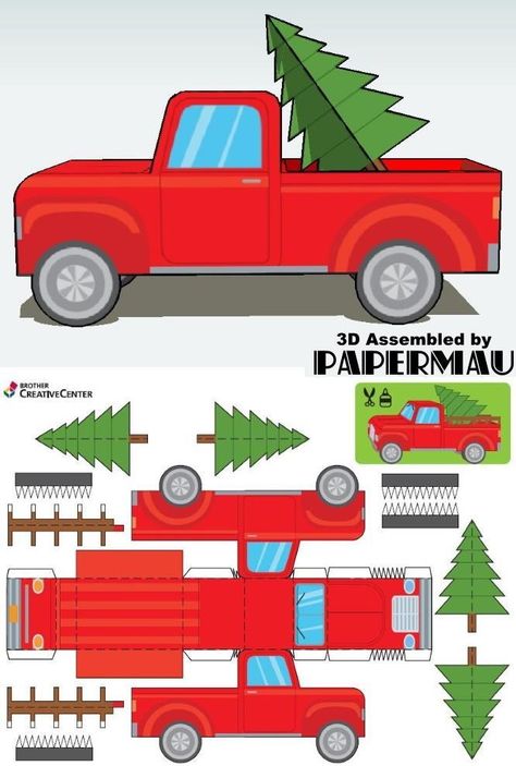 PAPERMAU: Christmas Time - Christmas Tree Delivery Truck Paper Modelby Brother Papercraft Christmas Decorations, Cardboard Train Diy, Christmas Orderments, Train Village, Cardboard Train, Christmas Concert Ideas, Christmas Papercrafts, Christmas Papercraft, Paper House Template