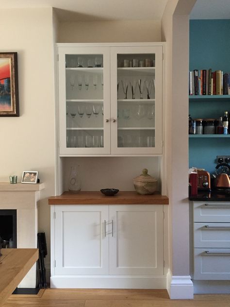 We created this alcove furniture for the dining room of a Victorian property in Putney, SW London. Built In Cupboards Living Room, Dining Room Cupboards, Alcove Ideas Living Room, Living Room Cupboards, Alcove Storage, Alcove Cabinets, Alcove Cupboards, Alcove Shelving, Glass Shelves In Bathroom