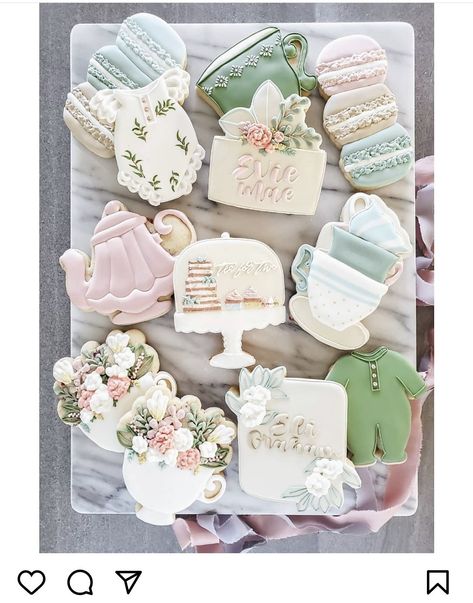 Baby Tea Party, Tea Party Cookies, Gender Reveal Cookies, Storybook Baby Shower, Baby Shower Tea, Sprinkle Baby Shower, Tea Cookies, Baby Cookies, Pregnancy Journey