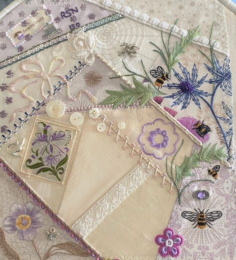 Embroidered & Embellished Victorian Patchwork - Royal School of Needlework Victorian Embellishments, Victorian Patchwork, Royal School Of Needlework, Embroidered Lavender, Royal School, Quilt Stitches, Crazy Quilt Stitches, Hampton Court Palace, Embroidery Stitching