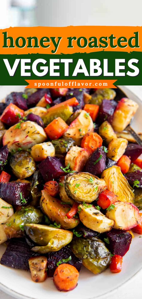 This honey roasted vegetables recipe is a simple side dish with subtle sweetness and delectable flavor that everyone will love! Roasted Vegetables Thanksgiving, Honey Roasted Vegetables, Best Roasted Vegetables, Roasted Fall Vegetables, Root Vegetables Recipes, Glazed Vegetables, Roasted Veggies In Oven, Roasted Root Veggies, Roasted Vegetables Oven