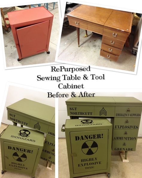 RePurposed dated sewing machine cabinet and rolling tool cart/cabinet. Now a Military themed desk and nightstand Boys Army Bedroom, Boys Army Room, Camouflage Bedroom, Military Bedroom, Camo Bedroom, Camo Rooms, Army Bedroom, Sewing Machine Cabinet, Army Room