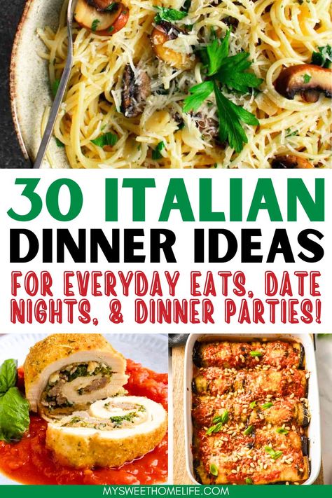 It's amore to Italian cooking! These Italian dinner recipes, with their simplicity, quality ingredients, and rich flavor, will whisk you away to the charming streets of Italy making them perfect for both date night and everyday eats. Italian Food For Party, Sunday Italian Dinner Ideas, Classic Italian Recipes, Italian Buffet Ideas Dinners, Dinner Recipes For Date Night, Italian Sunday Dinner Ideas, Italian Food Party Ideas, Italy Food Recipes, Italian Night Dinner Party