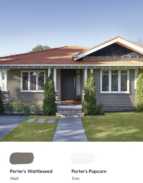 House Colors Exterior Brown Roof, Terracotta Roof Colour Scheme, Terracotta Roof House Exterior Colors, Gray Exterior House Colors, Terracotta Roof House, Contemporary Farmhouse Exterior, Grey Exterior House Colors, Outside House Colors, Gray House Exterior