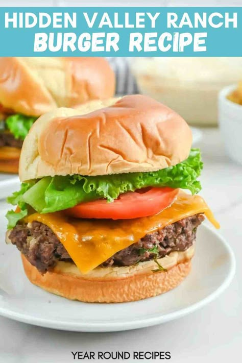 a burger with cheese, lettuce, and tomato on a white plate. Classic Burger Recipes, Homemade Burger Patties, Hidden Valley Recipes, Homemade Hamburger Patties, Burger Patty Recipe, Best Homemade Burgers, Hamburger Recipes Patty, Ranch Burgers, Zesty Ranch