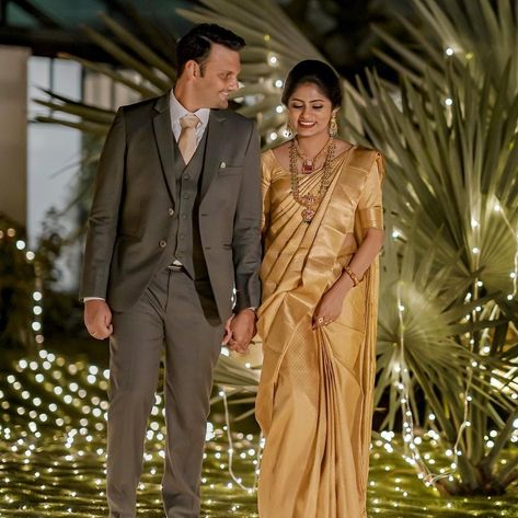 Engagement Couple Outfits, Golden Evening Gown, Wedding Matching Outfits, Reception Looks, 25th Wedding Anniversary Invitations, Saree Bride, Christian Bridal Saree, Gold Saree, Engagement Saree