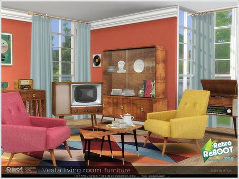 Sims 4 — [RetroReBOOT] Vesta livingroom furniture by Severinka_ — A set of furniture for decoration living room in the 1940s Furniture, 50s Furniture, 70s Room, Living Room Sims 4, 70’s Decor, 60s House, 1950s Furniture, 70s Furniture, 60s Furniture