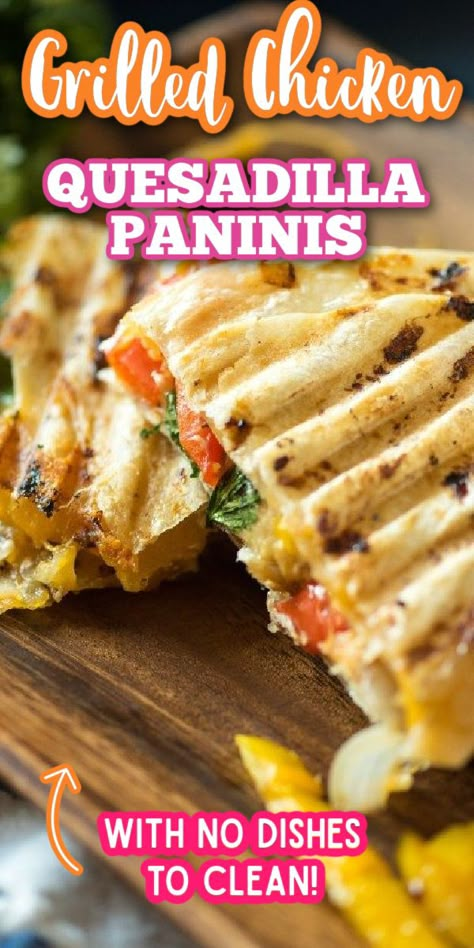 Grilled Chicken Quesadilla Paninis are a fast and easy dinner, ready in under 20 minutes and leave you with no dishes to clean at the end! #gogogogourmet #grilledchickenquesadilla #grilledchickenpanini via @gogogogourmet Chicken Fajita Panini, Panini Press Quesadilla, Tortilla Panini Recipes, Panini Dinner Ideas, Panini Press Recipes Healthy, Grilled Chicken Panini Sandwiches, Panini Press Ideas, Paninis Sandwiches Recipes, Panini Quesadilla