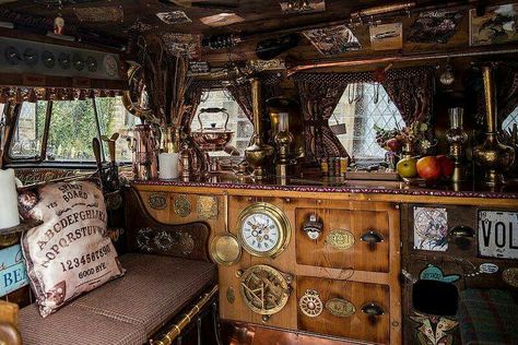 Punk Car Interior, John Sargent, Steampunk Vehicle, Kombi Motorhome, Caravan Decor, Camper Interior Design, Vw Ideas, Truck Bed Camper, Trailer Decor