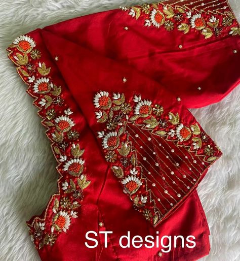 Top Aarai work blouse design unique blouse design ideas (check for more designs) Maggam Work For Lehenga Blouse, Magam Work On Red Blouse, Big Border Blouse Designs Latest, Bridal Wedding Blouse Design, Netted Maggam Work Blouse Designs, Cross Lines Maggam Work Designs, Red Blouse Embroidery Designs, Red Aari Work Blouse Designs, Bride Blouse Designs India