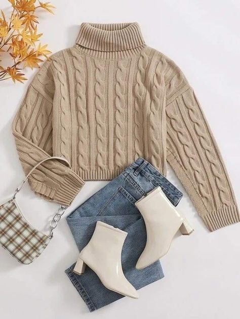 Korean Fashion Dress Casual, Cable Knit Turtleneck, Trendy Dress Outfits, Korean Fashion Dress, Knit Turtleneck, Crop Sweater, Fashion Dresses Casual, Simple Trendy Outfits, Plus Size Sweaters