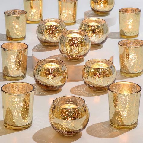 24pcs Assorted Candle Holders : These charming cute candle holders are made of thick & strong glass, which are durable and not easy to break. Each order will consist of 12pcs Speckled Mercury Glass Votives and 12pcs Bowl Mercury Glass Votives .(Candles Excluded), Diwali Decorations for Home: The ROUND votive tealight candle holder is 2ʺ diameter (top) and 2ʺ height approximately, the regular candle holder is 2.17ʺ diameter (top) and 2.6ʺ height approximately. We recommend to use the votives, tea lights, Led tea lights. Gold Wedding Decorations: These gold decorations are ideal for wedding decorations, birthday party decorations, bridal showers, dinner table setting decor, Christmas decorations, also can be gifts for woman, or plants succulents for party favor. Gold Centerpieces for Table: