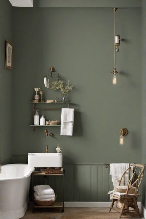 home decorating, home interior, interior bedroom design, living room interior Earthy Bathroom Paint Colors, Dark Sage Walls, Dark Green Bathroom Paint Colors, Dark Sage Bathroom, Bathroom Walls Paint, Sultry Bathroom, Guest Bathroom Paint Colors, Color For Bathroom Walls, Sage Wall Color