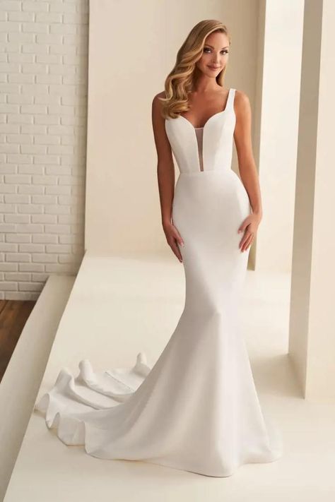 Enchanting by Mon Cheri Style #E2502. Enchanting By Mon Cheri, Fitted Wedding Gown, Mon Cheri Bridal, Fit And Flare Gown, Flare Gown, Minimalist Wedding Dresses, Chocolate Ice, Evening Dresses For Weddings, Chapel Train