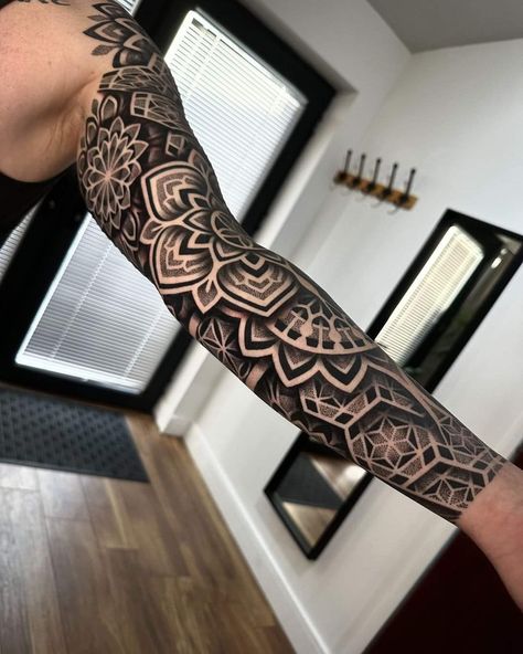 Geometric Tattoo Sleeve, Filler Tattoo Ideas Gap, Filler Tattoo Ideas, Geometric Flower Tattoo, Geometric Tattoo Sleeve Designs, Filler Tattoo, Geometric Mandala Tattoo, Geometric Sleeve Tattoo, Full Arm Tattoos