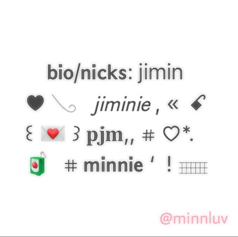 Jimin Bio Ideas, Jimin Nicknames, Jimin Usernames Ideas, Bts Army Bio Ideas, Nicks Soft, Cute Bio For Instagram, Bios Aesthetic, Bio Aesthetic, Aesthetic Hearts