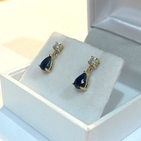 Excited to share this item from my #etsy shop: 9ct Yellow Gold Midnight Blue Sapphire Drops, Dangle Drops, Genuine Sapphire, Created Diamond Drops, Dark Blue Earrings, Blue Jewellery Family Heirloom Engagement Ring, Dark Blue Earrings, Blue Jewellery, Model Images, Bridal Jewelry Collection, Claw Setting, Diamond Free, Earrings Metal, Daisy Earrings