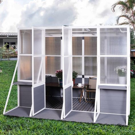 Wooden Walk-In Garden Greenhouse Kit with Adjustable Roof Vent and Lockable Door Grey - 103.94"L x 98.43"W x 77.56"H - Bed Bath & Beyond - 40310264 Sunroom Storage, Shed Garden, Hobby Greenhouse, Lean To Greenhouse, Patio Grande, Outdoor Greenhouse, Greenhouse Shed, Walk In Greenhouse, Polycarbonate Greenhouse