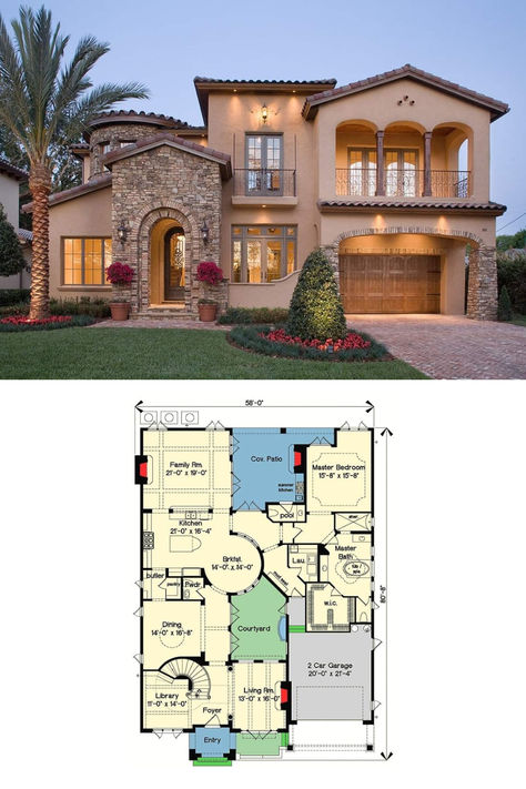 Two-Story 4-Bedroom Mediterranean Home with Courtyard Stunner (Floor Plan) Mediterranean House Plan, Mediterranean Style House, Mediterranean Style House Plans, Villa Di Lusso, Mediterranean House Plans, Courtyard House Plans, Casa Country, Two Story House, Mediterranean House