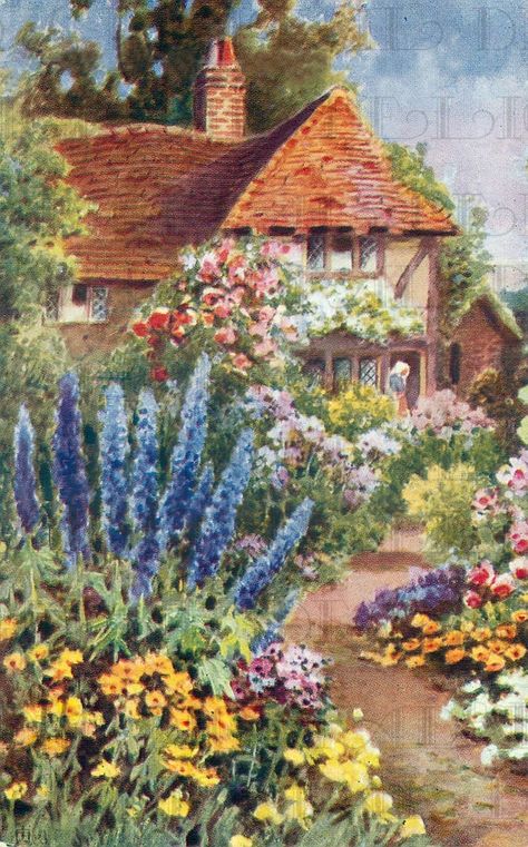 Cottage Illustration, Arte Indie, Cottage Painting, Blue Delphinium, Storybook Cottage, English Cottage Garden, Cottage Art, Wooden Jigsaw Puzzles, Garden Painting