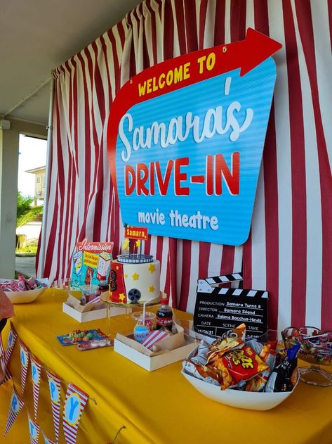 Retro Drive In Movie Party, Drive In Theme Birthday Party, Drive In Theater Party, Drive In Party Theme, Drive In Movie Theme Birthday Party, Drive In Movie Theme Party, Drive In Movie Decorations, Drive In Birthday Party Ideas, Movie Theater Theme Birthday Party