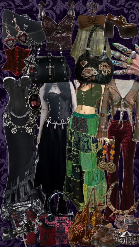 #goth #hippie #gothvshippie Voodoo Outfit Ideas, Emo Hippie Aesthetic, Hippy Goth Outfits, Goth Hippie Aesthetic, Goth Vintage Aesthetic, Witchcore Aesthetic Outfits, Dark Hippie Outfits, Whimsigoth Fits, Hippie Goth Outfits