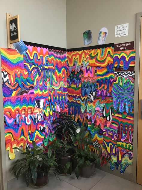 4K-5th grade collaboration on Jen Stark Jen Stark Drip Art, Jenn Stark Art Lesson, Collaborative Mural Elementary, Jenn Stark, Jen Stark Drip Art Lesson, Jen Stark Art Lesson, Grade 5 Collaborative Art, Collaborative Coloring Mural, Jen Stark Collaborative Mural