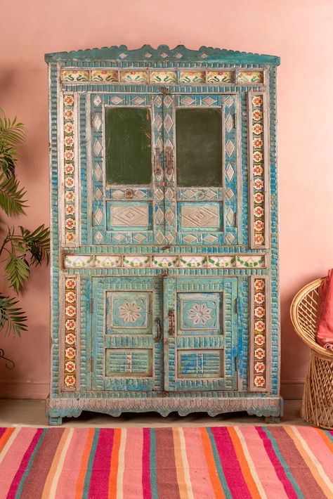 Bali Inspired Home Decor, Decorative Painted Furniture, Indian Painted Furniture, Painted Wardrobe Doors, Kathmandu Aesthetic, Vintage Almirah, Goa Interiors, Indian Vintage Home Decor, Wooden Almirah