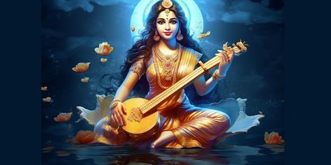 Hindu goddess saraswati mata with her si... | Premium Photo #Freepik #photo #vasant-panchami #basant-panchami #indian-music #saraswati-puja Lord Saraswati, Hindu Goddess Saraswati, Saraswati Picture, Saraswati Painting, Saraswati Mata, Vasant Panchami, Saraswati Puja, Devotional Topics, Live Wallpaper For Pc