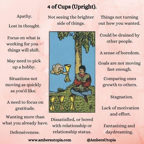 A description and list of what the 4 of Cups means within the Tarot deck, from the suit of cups.

#tarot #4ofcups #suitofcups Suit Of Cups Tarot, 4 Of Cups, Suit Of Cups, Four Of Cups, Tarot Card Readings, Tarot Interpretation, Cups Tarot, Tarot Cards For Beginners, Learning Tarot Cards