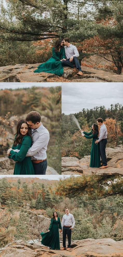 Fall Engagement Pictures Outfit, Dress For Engagement, Fall Engagement Shoots, Engagement Photo Outfits Fall, Fall Green, Fall Engagement Pictures, Engagement Picture Outfits, Fall Engagement Photos, Emerald Green Dress